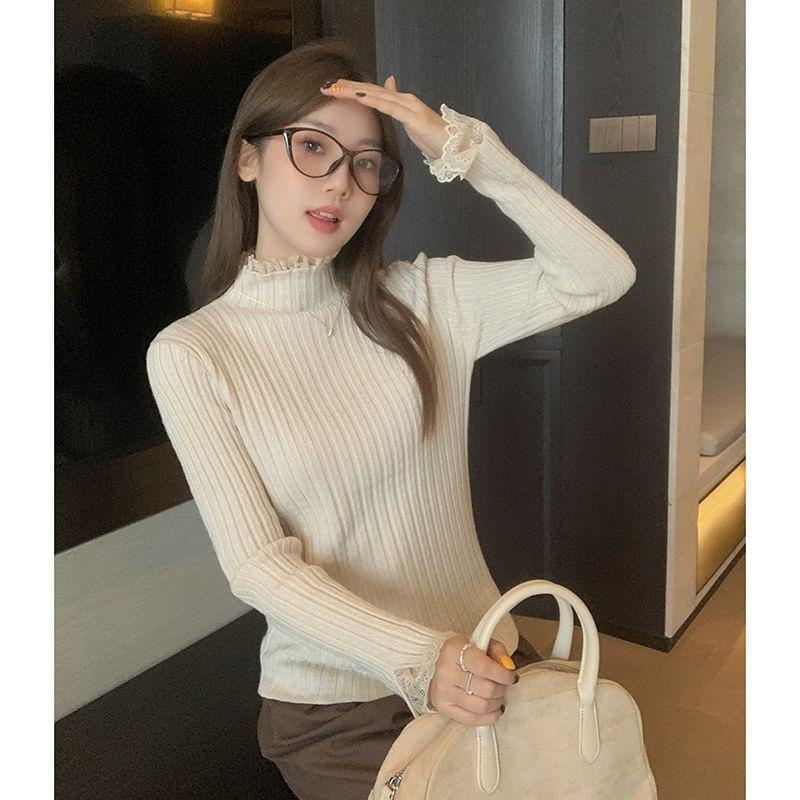 Turtleneck Plain Lace Trim Ribbed Sweater Product Image