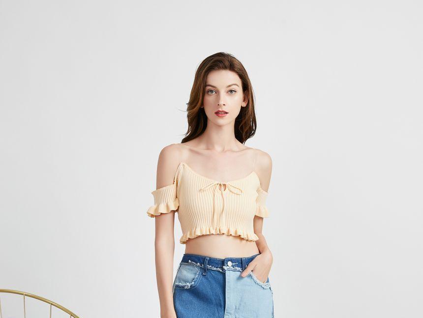 Off Shoulder Ruffled-Trim Tie-Front Cropped Top Product Image