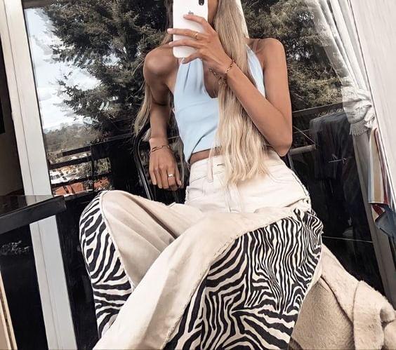 High Waist Animal Print Paneled Loose-Fit Wide-Leg Pants Product Image