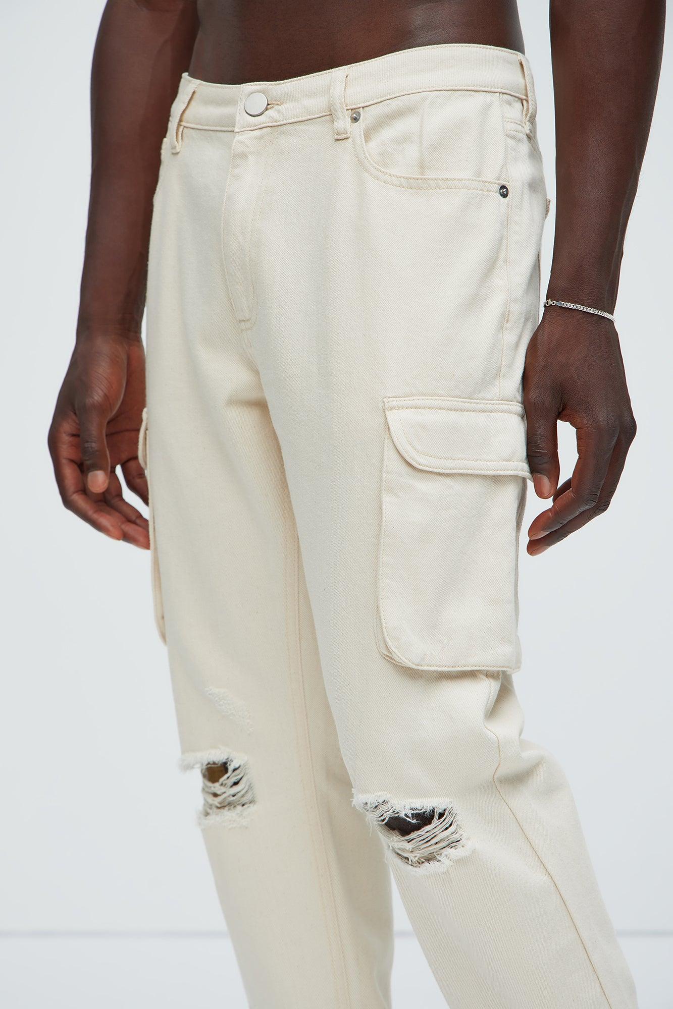 Benson Distressed Slim Cargo Pants - Cream Product Image