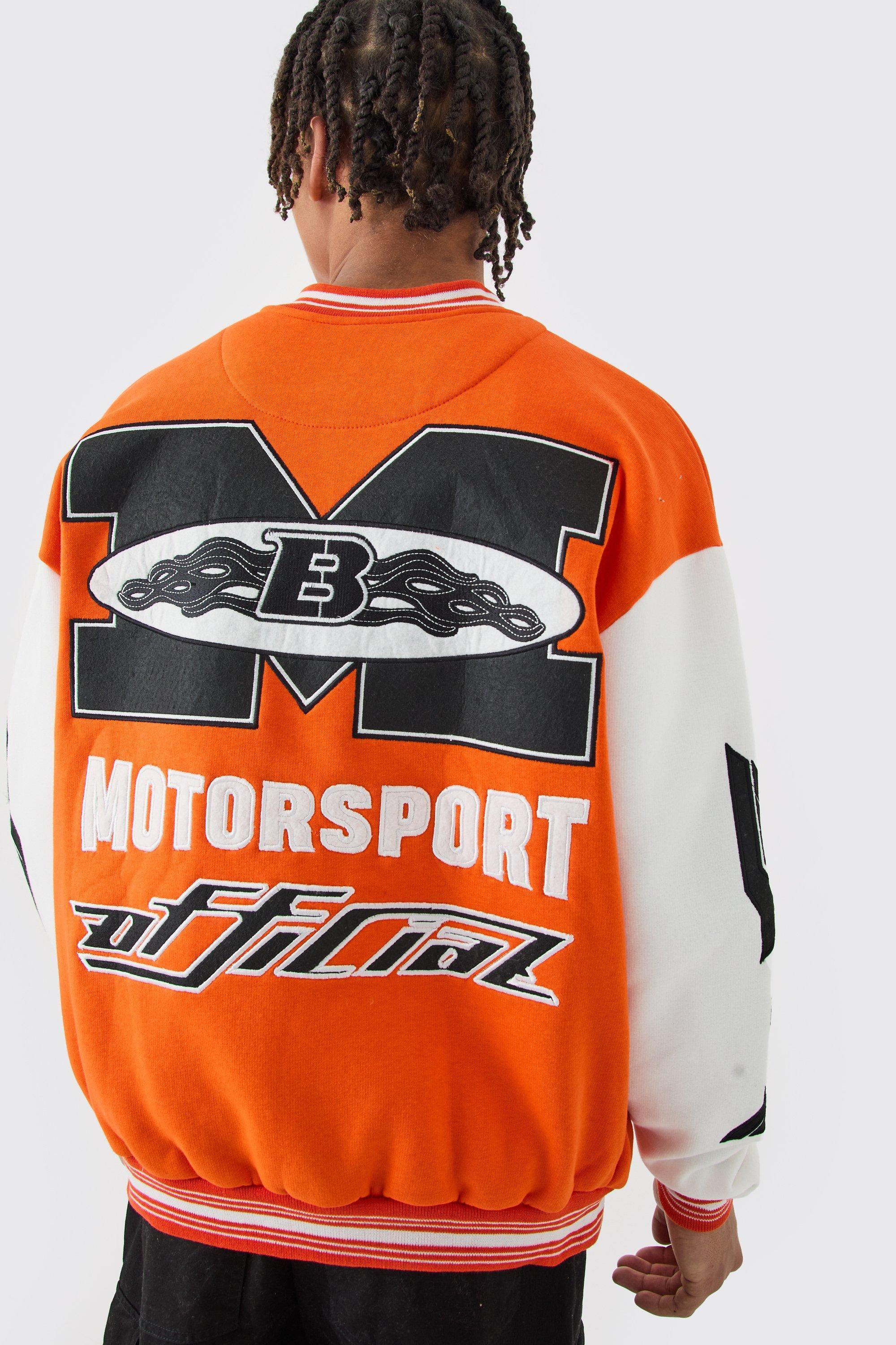 Mens Orange Oversized Moto Applique Jersey Bomber Jacket, Orange Product Image