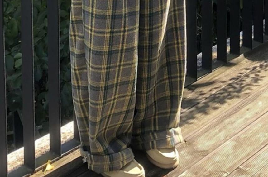 Drawstring Waist Plaid Wide Leg Pants Product Image