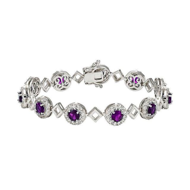 Sterling Silver Amethyst & Lab-Created White Sapphire Halo Link Bracelet, Womens Product Image