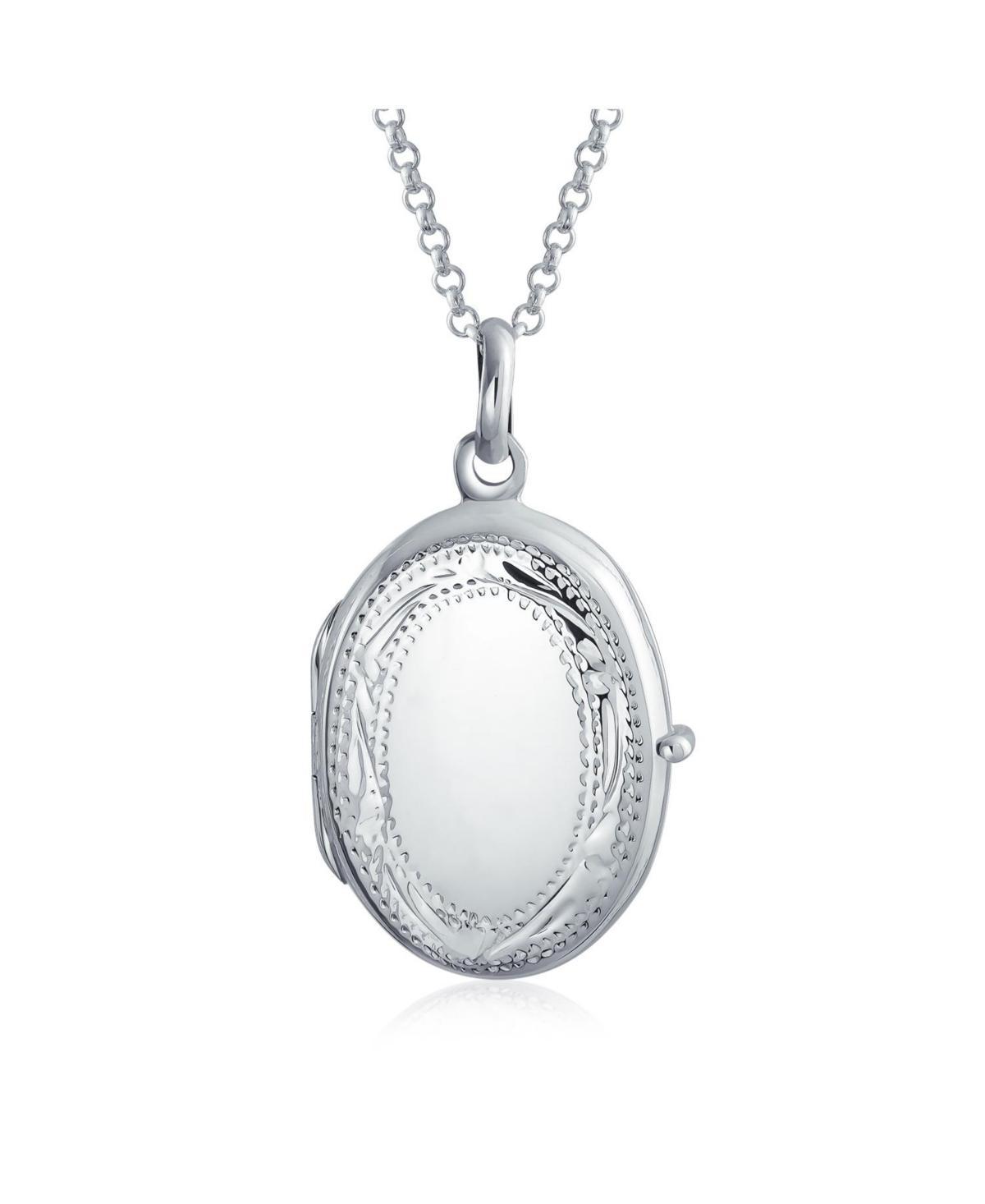 Bling Jewelry Etched Leaf Scroll Holds Two Memory Photo Picture Oval Locket For Women .925 Sterling Silver Pendant Necklace Product Image