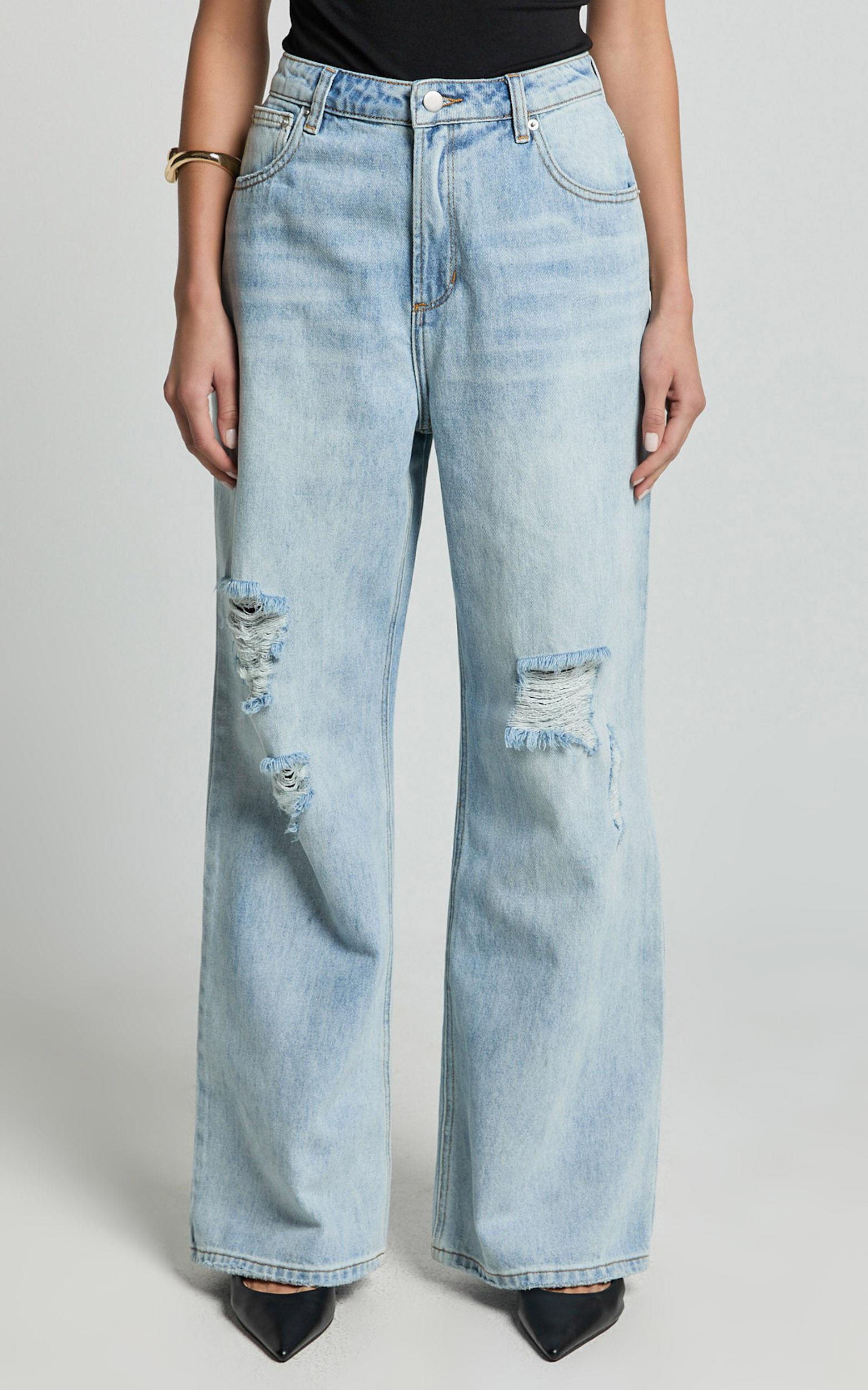 Cate Jeans - Baggy High Waist Ripped Wide Leg Recycled Denim Jeans in Light Blue Wash Product Image