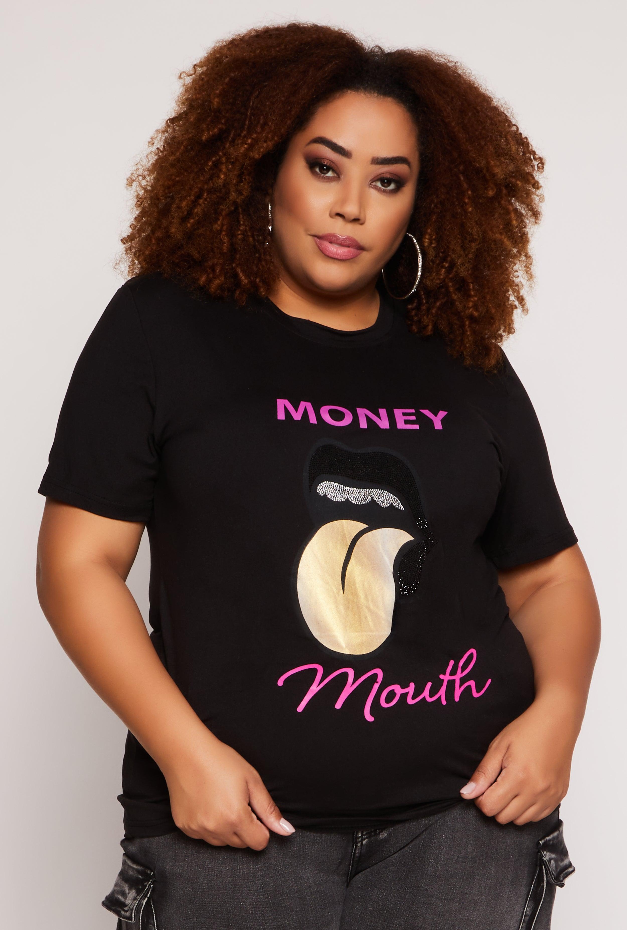 Womens Plus Size Rhinestone Money Mouth Graphic Tee Product Image