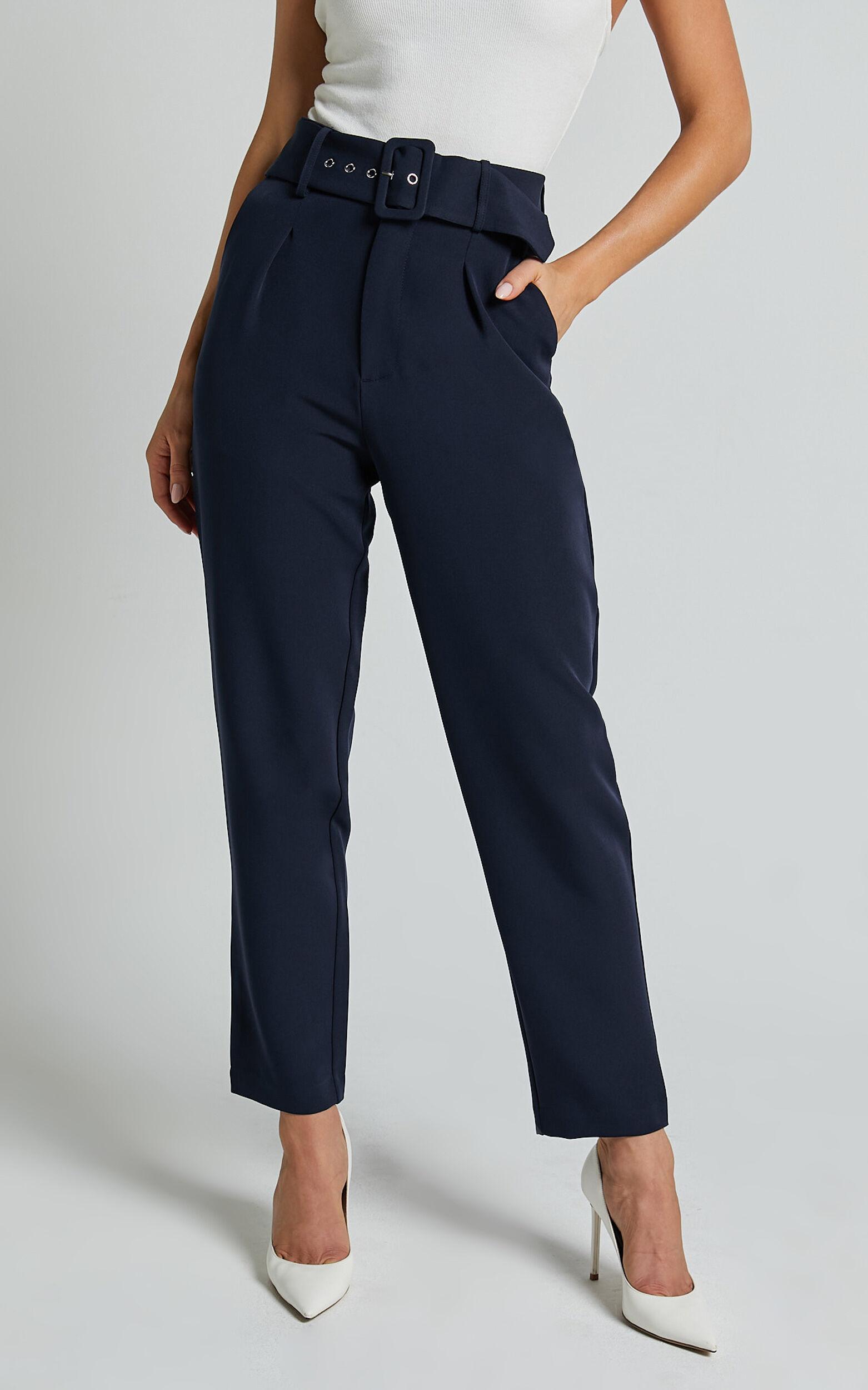 Milica Trousers - Belted High Waisted Trousers in Navy Product Image