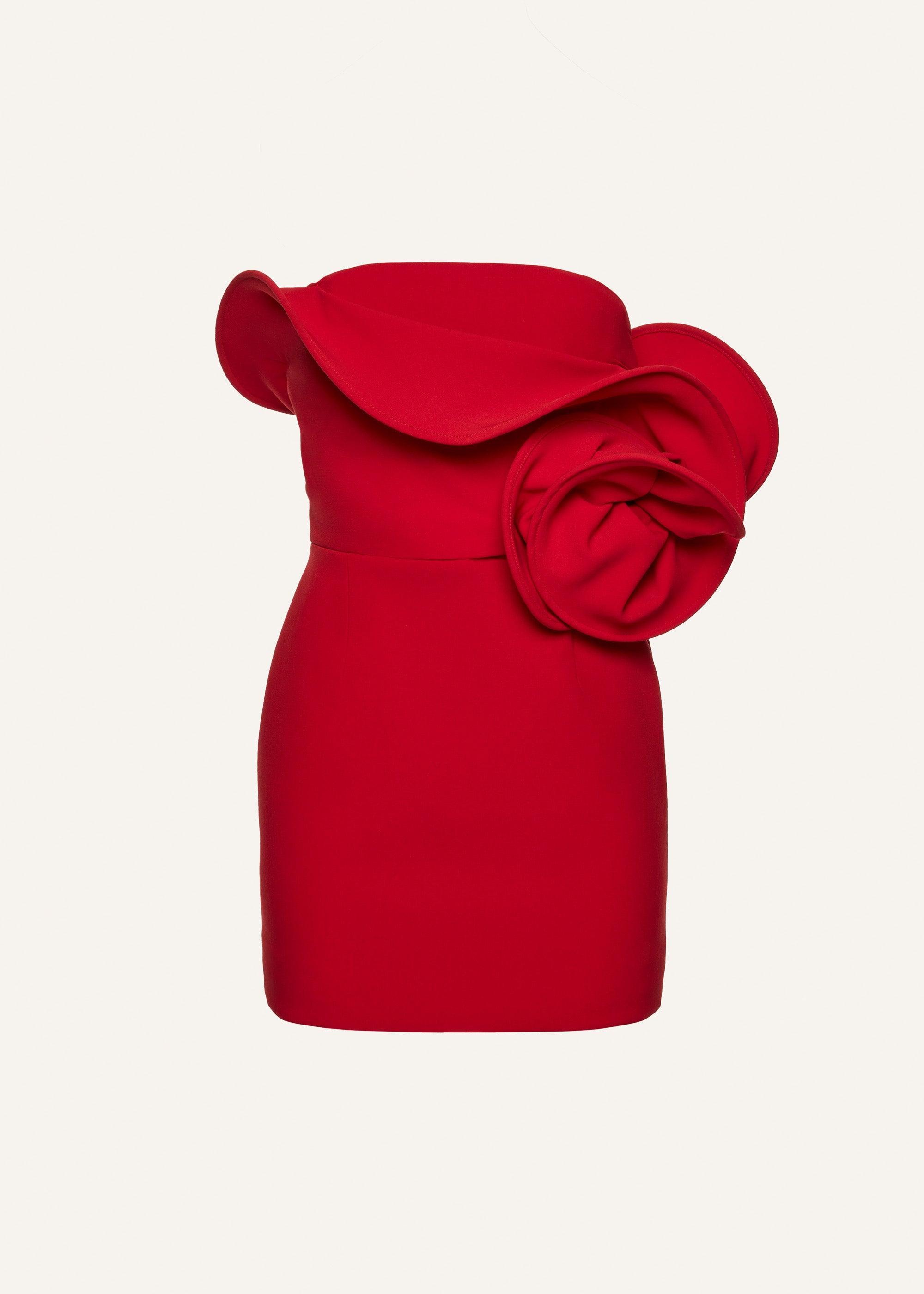 Sculptural rose mini dress in red Product Image