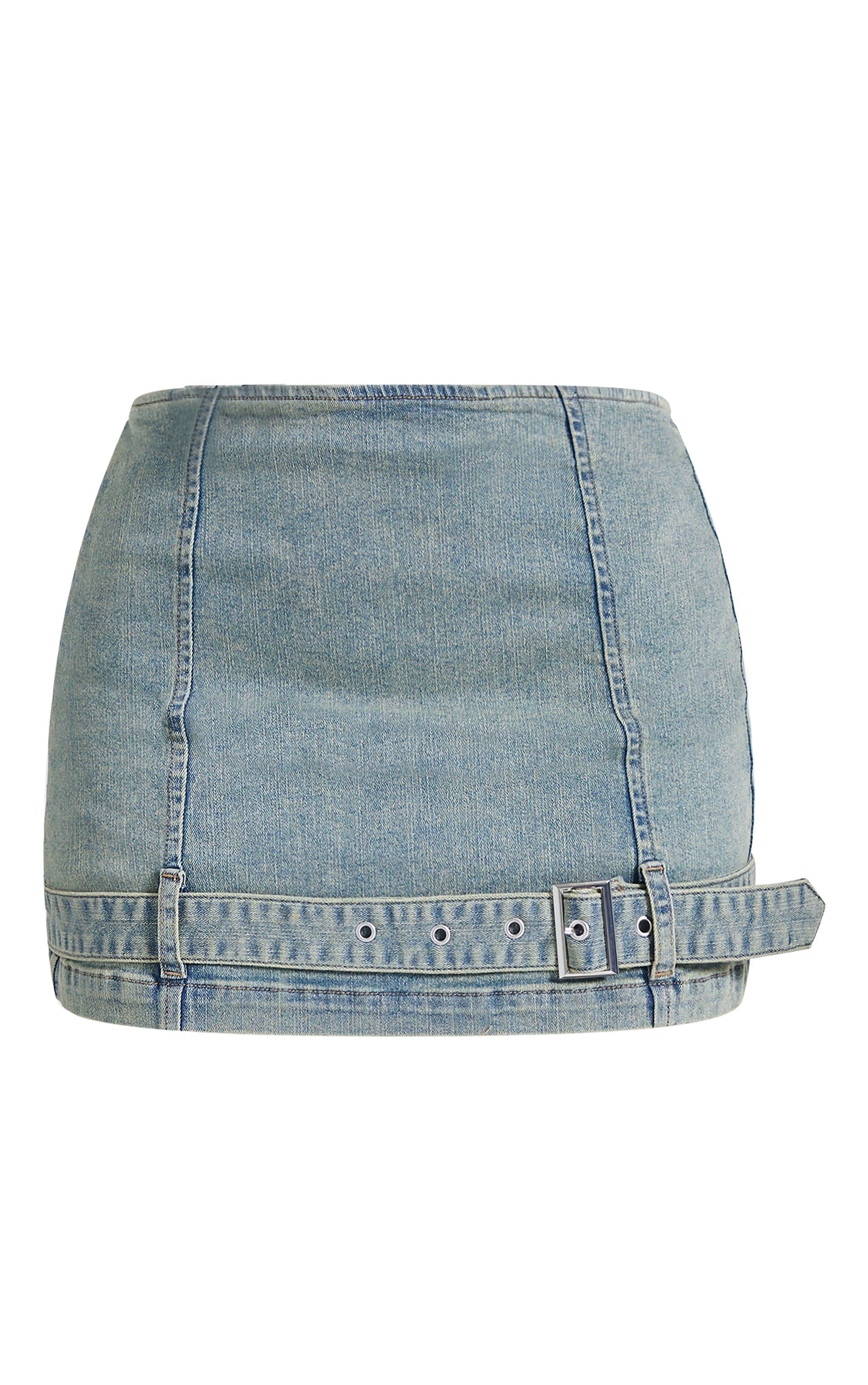 Petite Bleach Wash Denim Belted Micro Mini Skirt Product Image