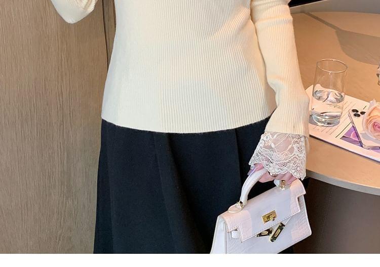 Long-Sleeve V-Neck Bow Lace Trim Ribbed Knit Top Product Image