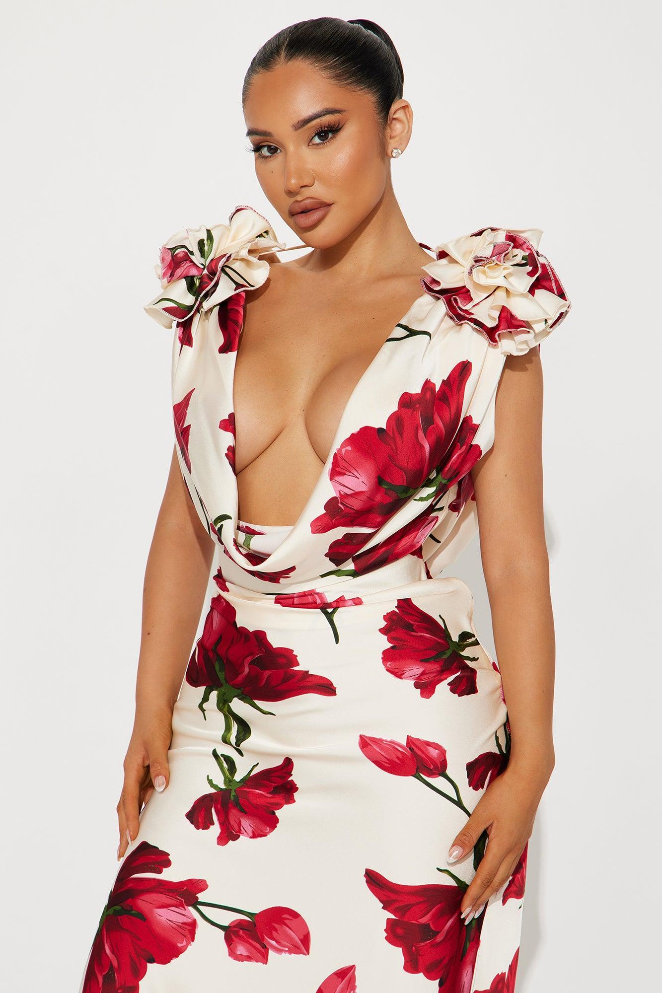 Positano Cowl Neck Floral Satin Maxi Dress - Ivory/combo Product Image