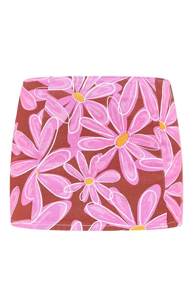 Pink Flower Print Micro Mini Denim Skirt Product Image