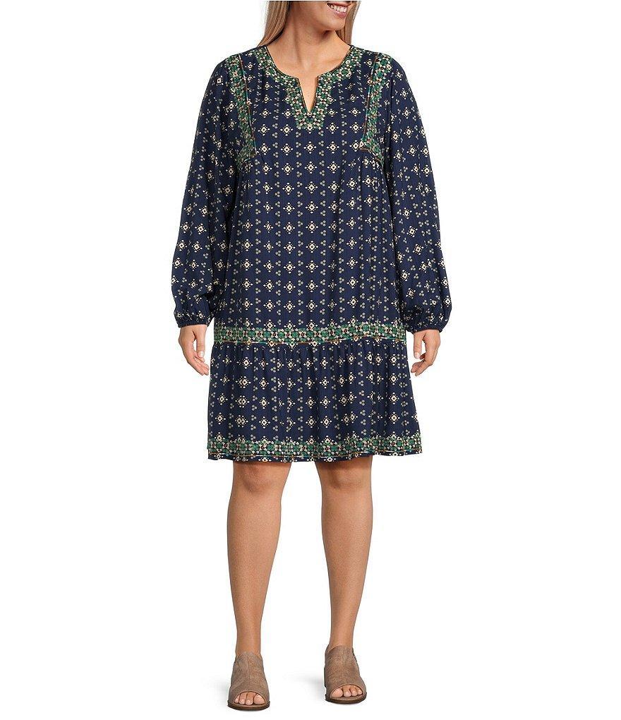 Nurture by Westbound Plus Size Long Sleeve Split V-Neck Embroidered Short Dress Product Image