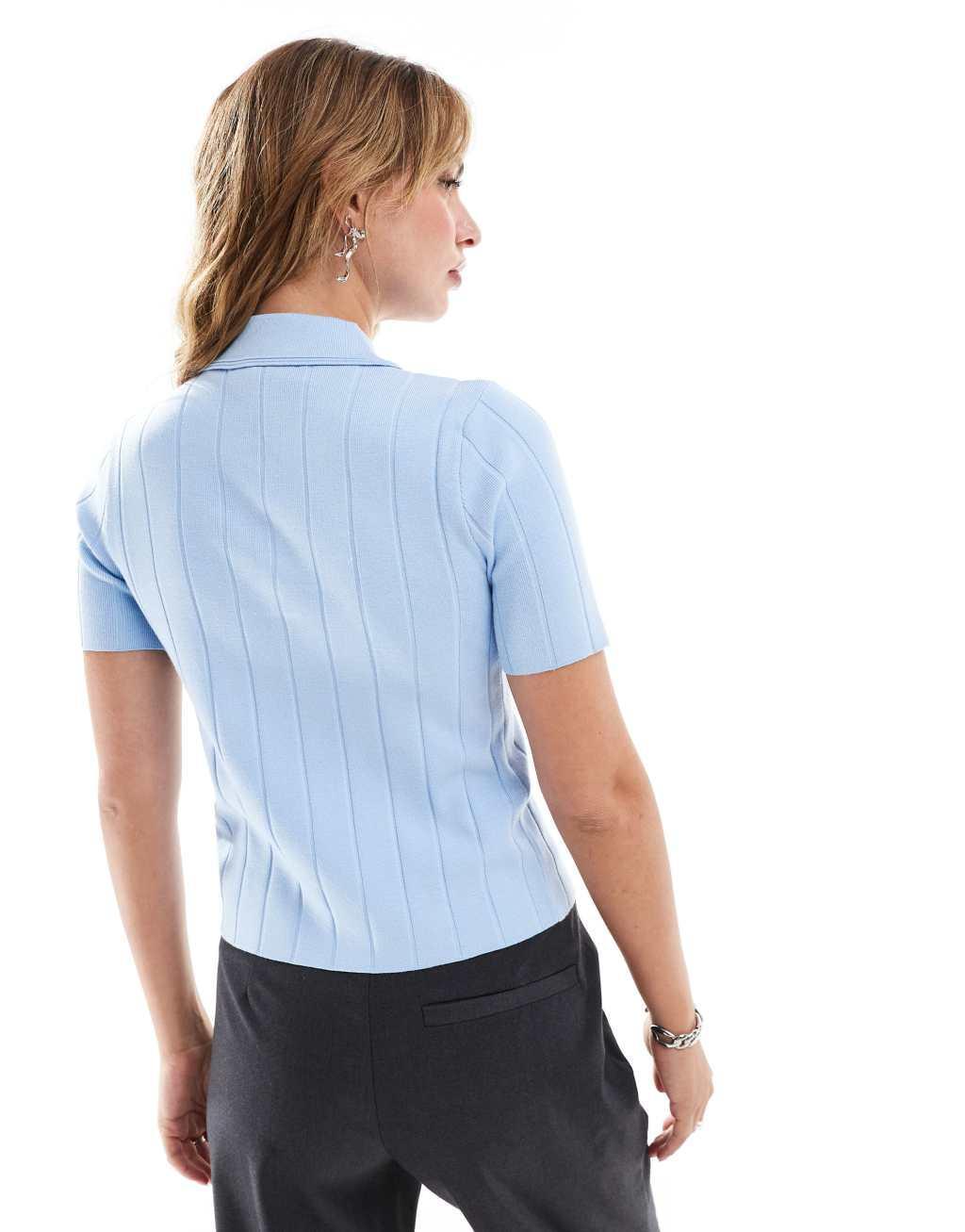 Mango ribbed detail polo top in light blue Product Image