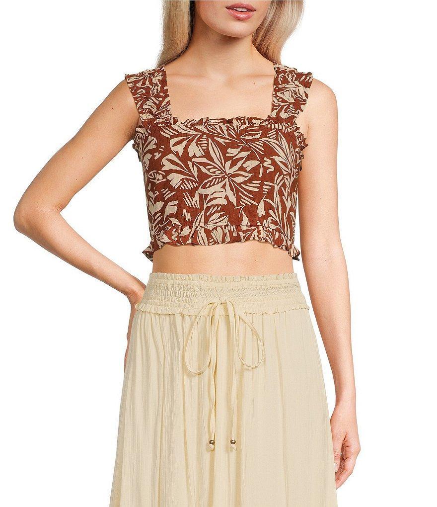 Angie Square Neck Tropical Leaf Ruffle Top Product Image