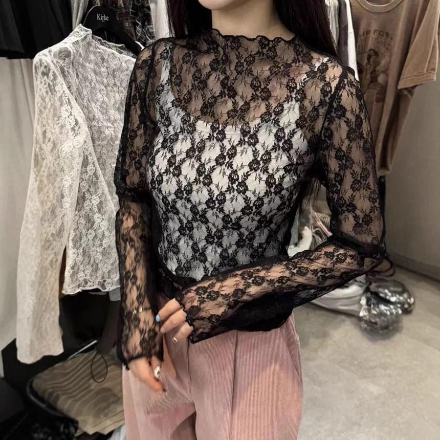 Long Sleeve Mock Neck Plain Lace Ruffled-Trim Slim-Fit Top Product Image