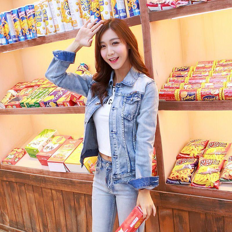 Set: Washed Denim Jacket + Straight Leg Jeans Product Image