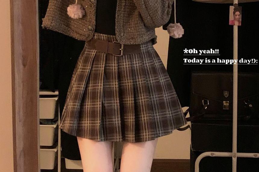 High Rise Plaid Pleated Mini A-Line Skirt Product Image