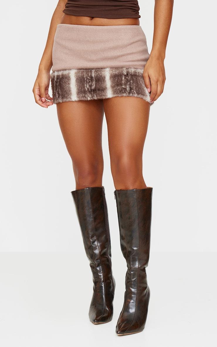 Brown Faux Fur Trim Wool Look Micro Mini Skirt Product Image