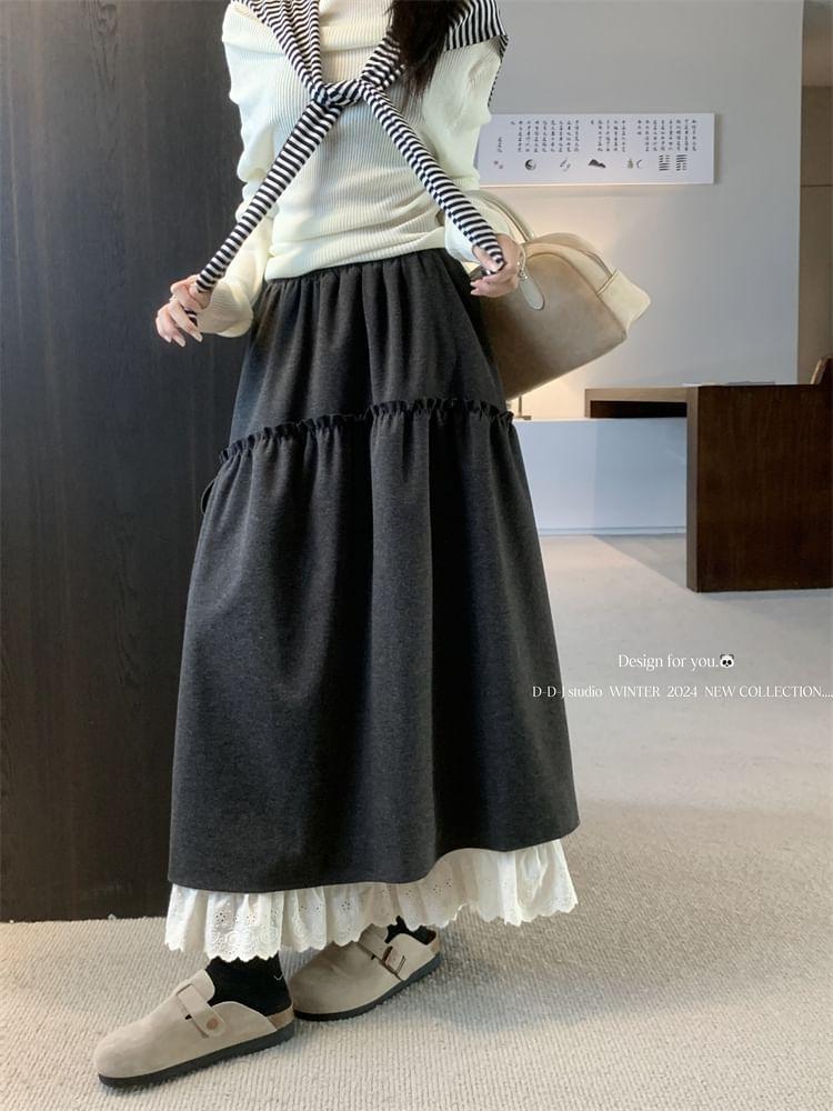 High Waist Plain Lace Trim Maxi A-Line Skirt Product Image