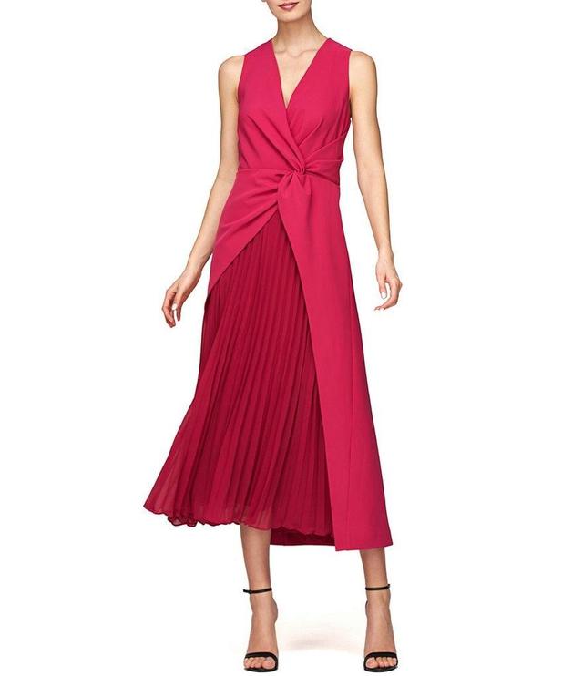 Kay Unger Stretch Crepe Surplice V-Neck Sleeveless Twist Waist Pleated Chiffon Asymmetrical Hem Midi Dress Product Image