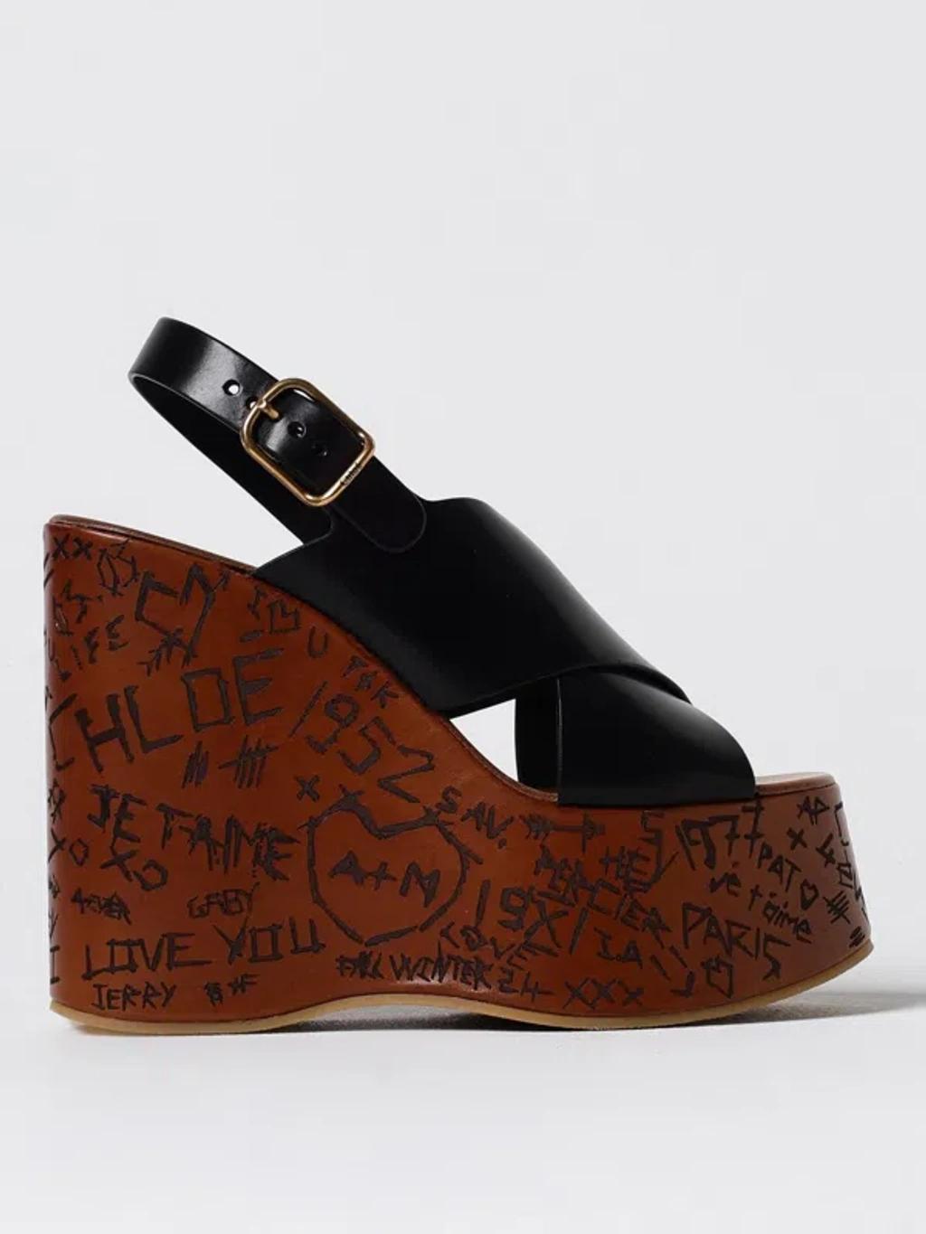 CHLOÉ Maxime Leather Slingback Platform Wedge Sandals In Black Product Image