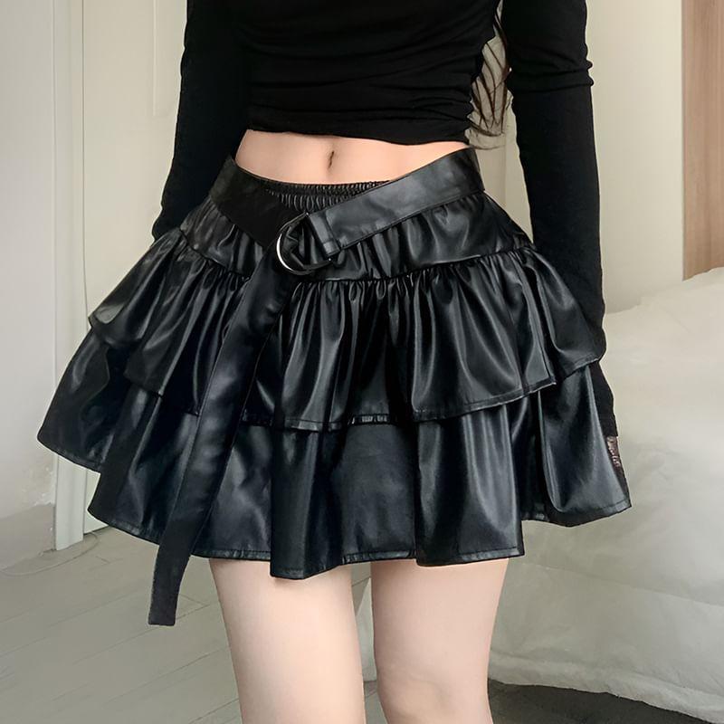 Low Rise Belt Accent Plain Faux Leather Mini A-Line Skirt Product Image