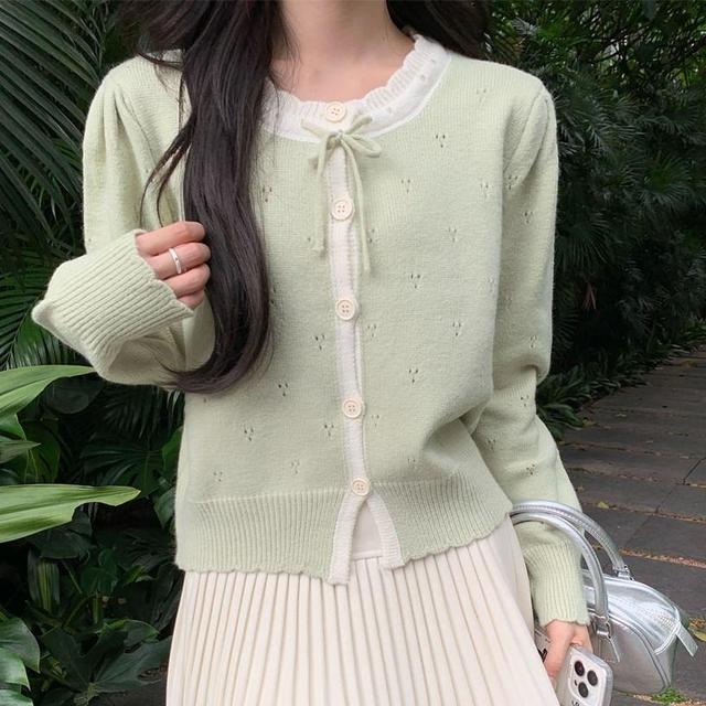 Round Neck Two Tone Pointelle Tie Front Cardigan Product Image