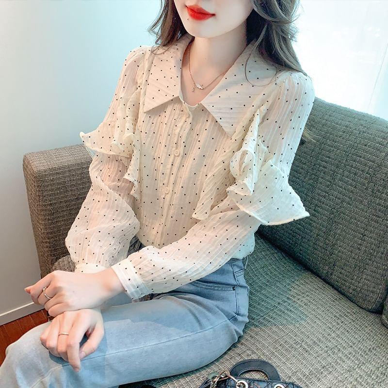 Long-Sleeve Collared Dotted Ruffle Trim Button-Up Blouse Product Image