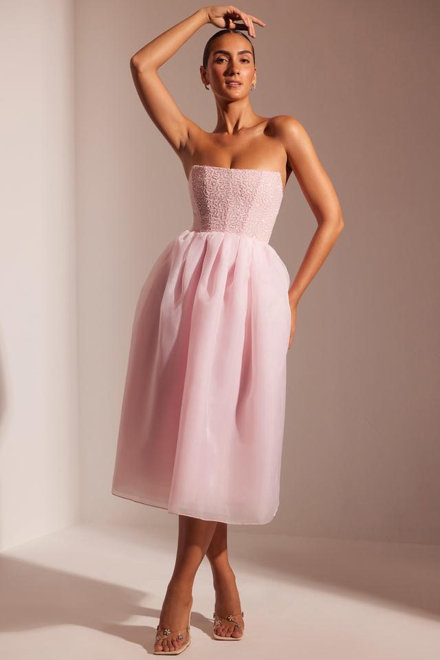 Embellished Corset Tulle Skirt Midi Dress in Blush Product Image