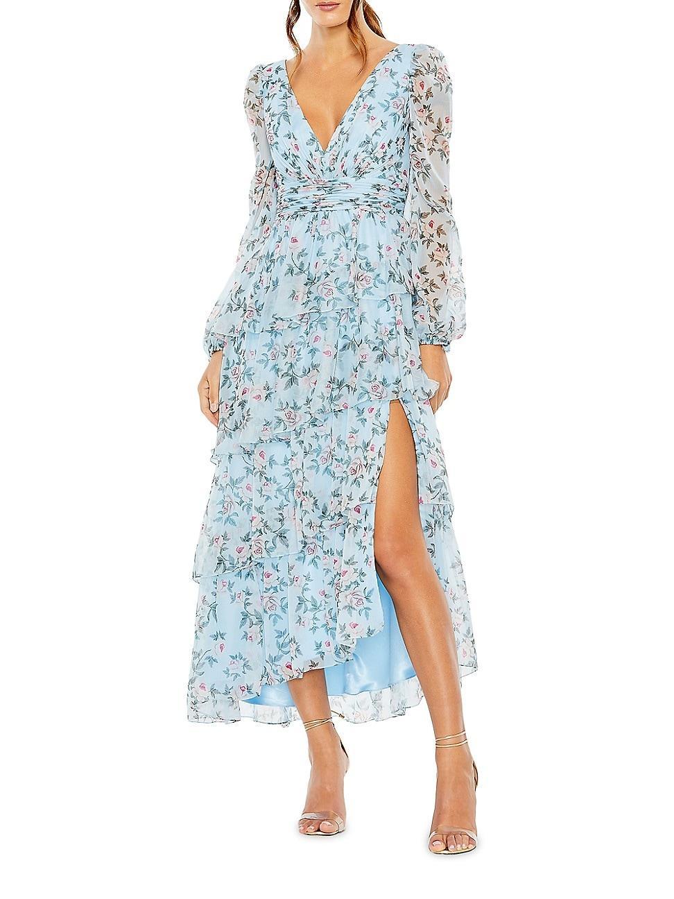 Mac Duggal Floral Print V-Neck Long Sleeve Side Slit Tiered Ruffled Dress Product Image