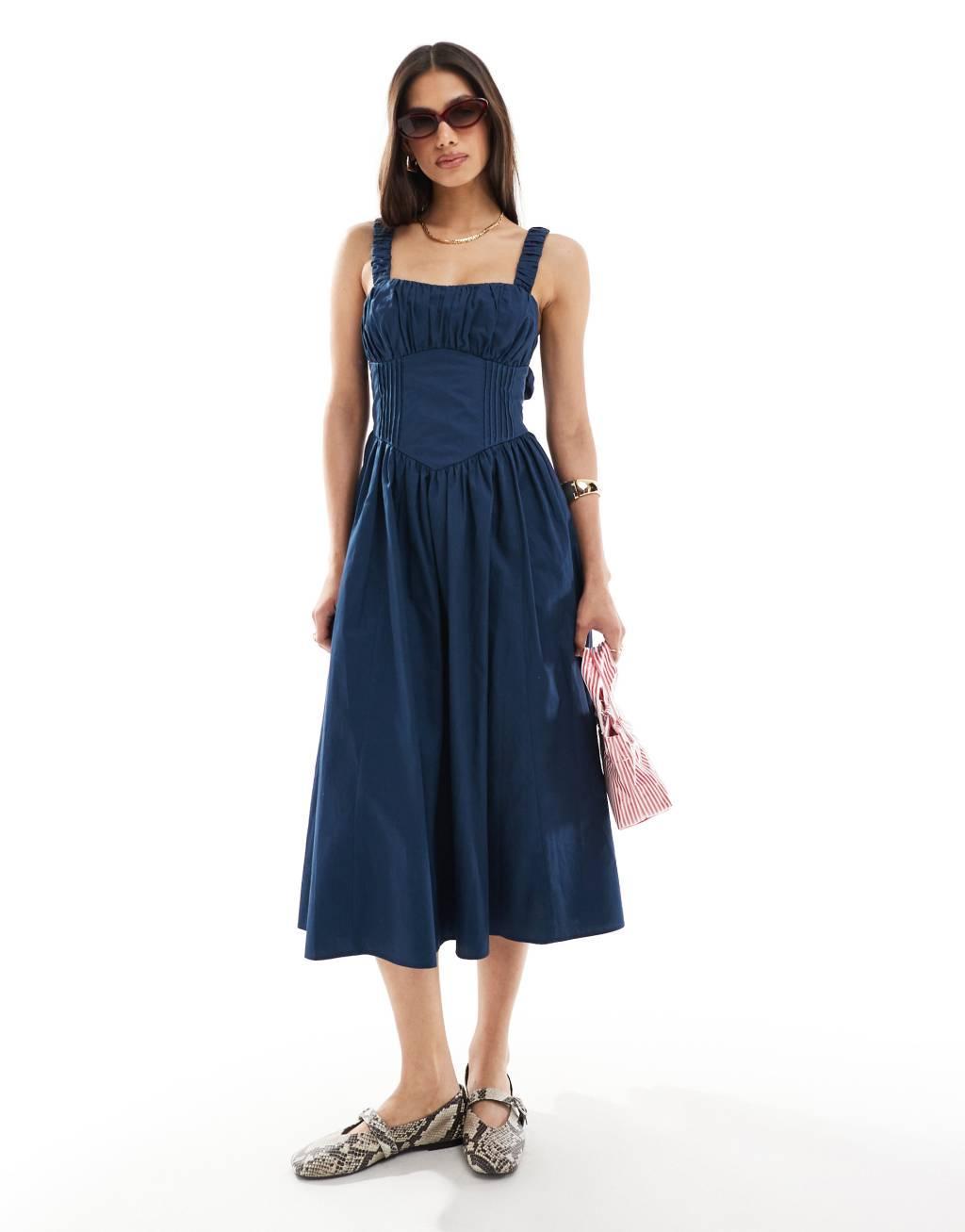 ASOS DESIGN lace up corset midi dress with full skirt in navy Product Image