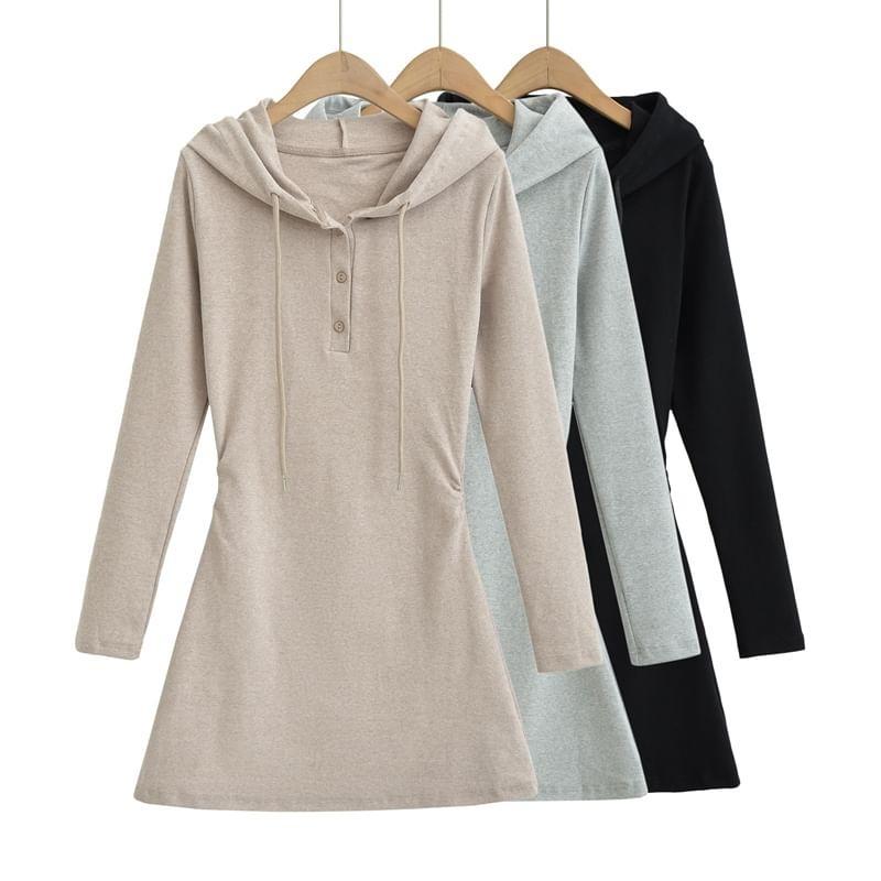 Long Sleeve Hooded Plain Henley A-Line Mini Dress Product Image