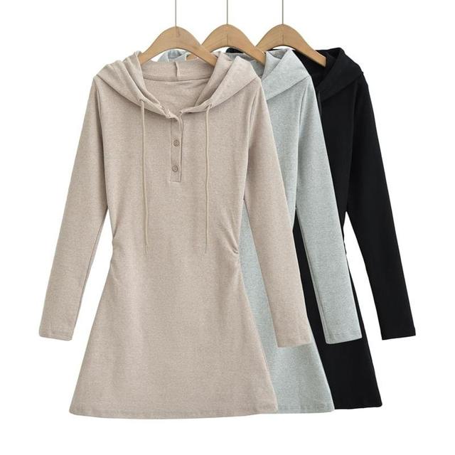 Long Sleeve Hooded Plain Henley A-Line Mini Dress Product Image