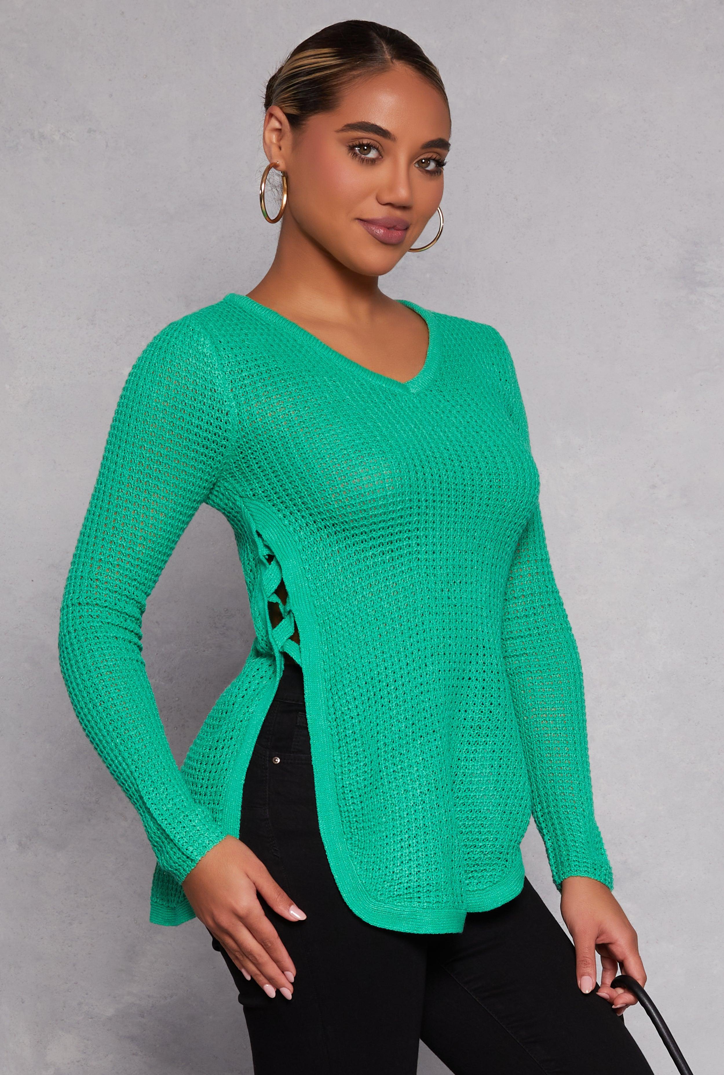 Womens Waffle Knit V Neck Caged Side Sweater Product Image