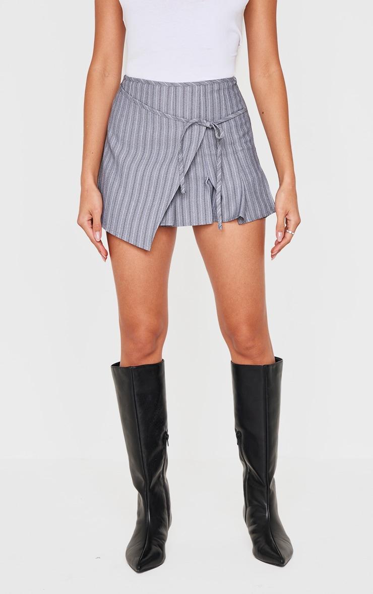 Grey Striped Wrap Tie Detail Pleated Skort Product Image