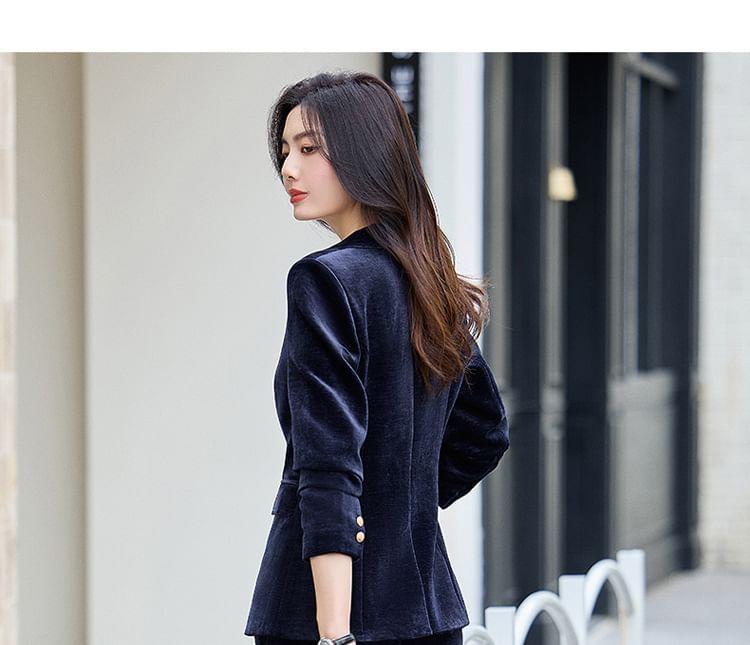 Notch Lapel Plain Velvet Single Breasted Blazer / High Rise Flared Slacks / Set Product Image