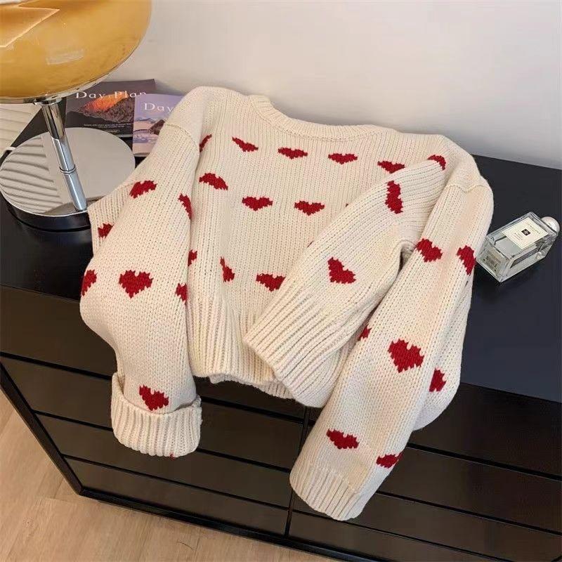 Round Neck Heart Print Sweater Product Image