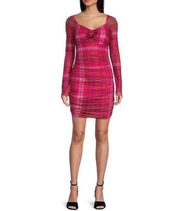 C&V Chelsea & Violet Long Sleeve Plaid Printed Rosette Mesh Dress Product Image