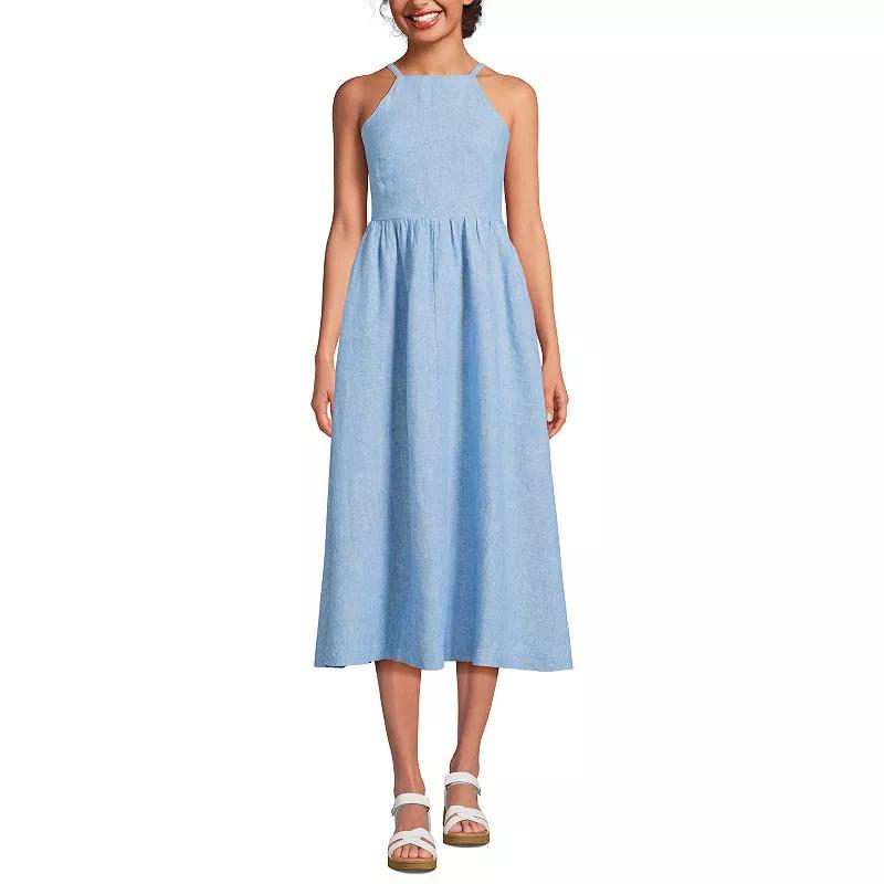 Petite Lands End Linen Sleeveless High Neck Halter Midi Dress, Womens Product Image