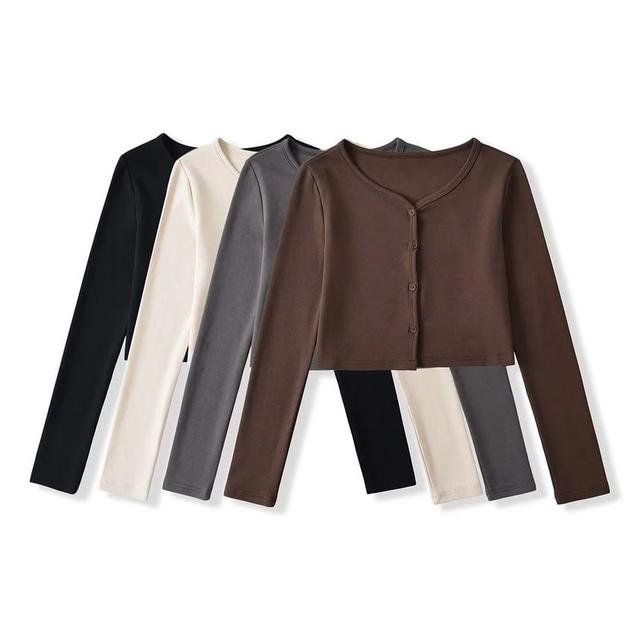 Long Sleeve V-Neck Plain Button Up Cropped Cardigan Product Image