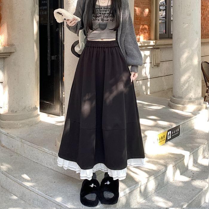 Elastic Waist Plain Ruffle Maxi A-Line Skirt Product Image