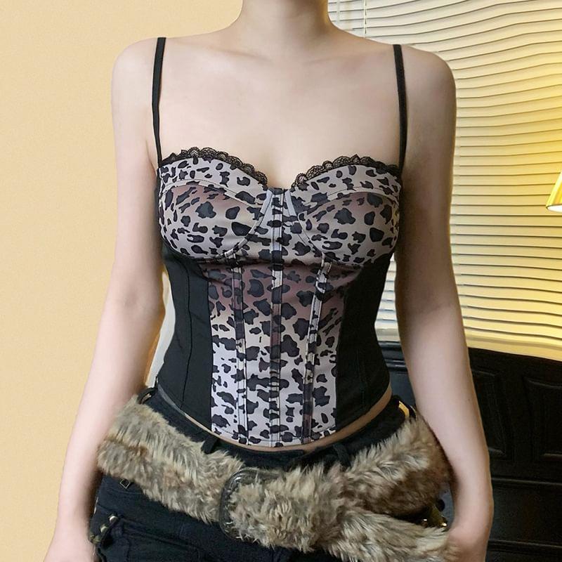 Lace-Trim Leopard Print Paneled Slim-Fit Crop Cami Top Product Image