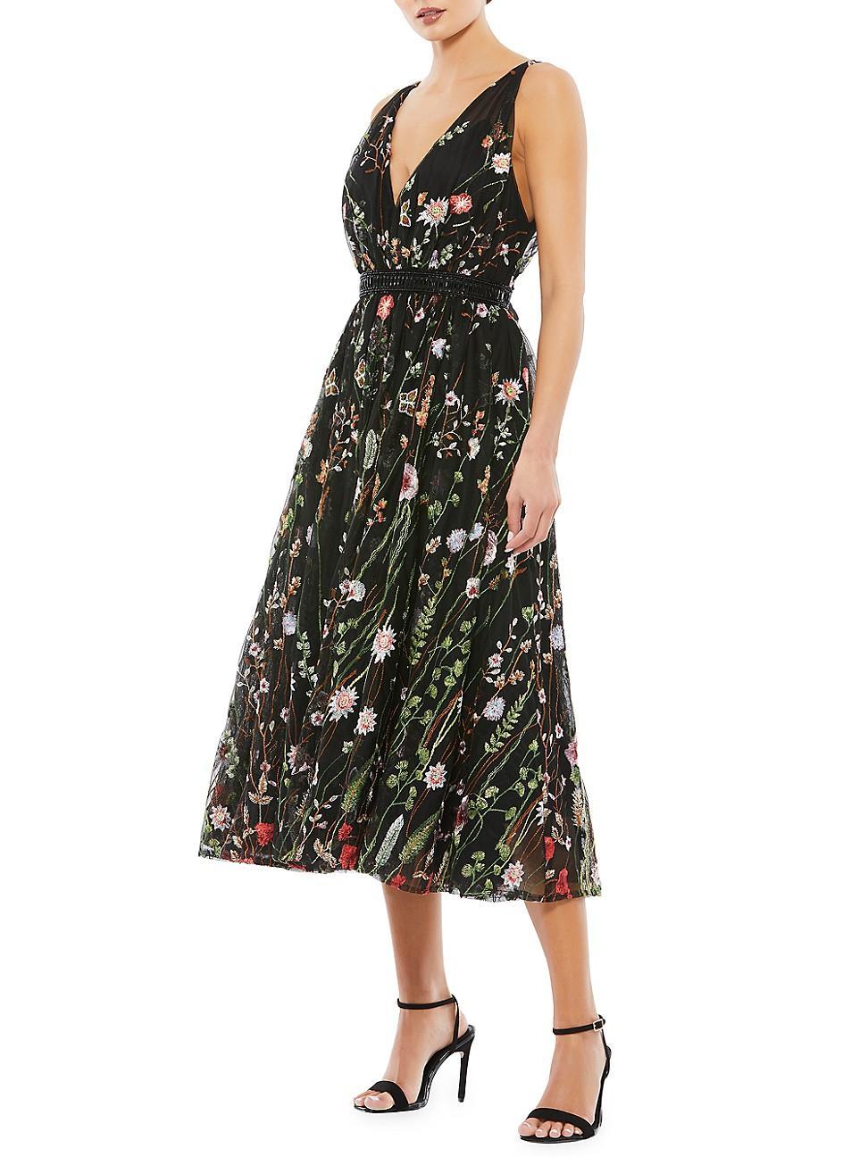 Womens Floral-Embroidered Tulle Midi-Dress Product Image