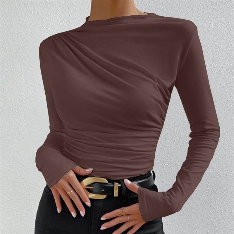 Long-Sleeve Mock Neck Plain Ruched Slim Fit Tee Product Image