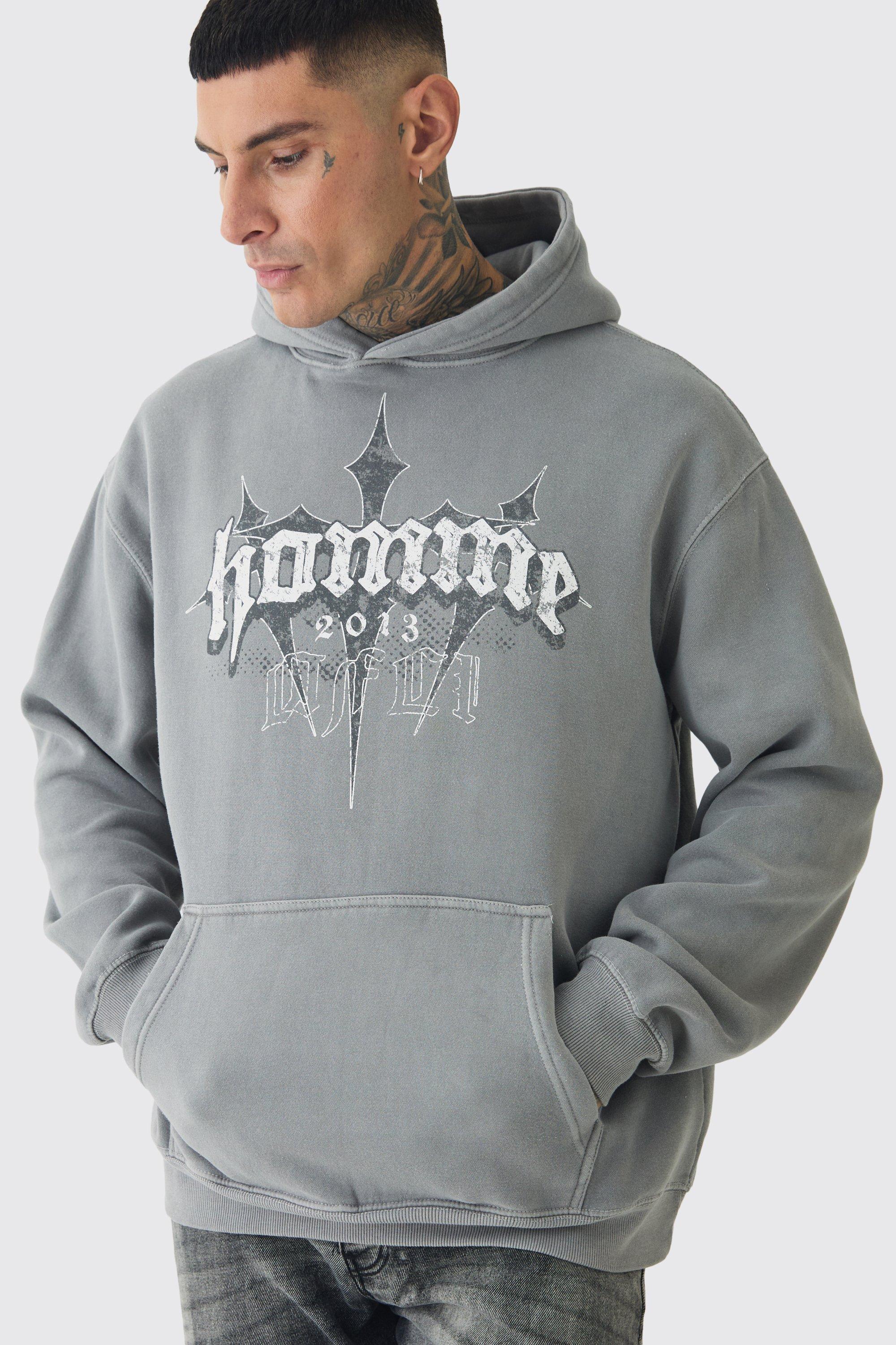 Tall Oversized Washed Homme Cross Print Hoodie In Grey | boohooMAN USA Product Image