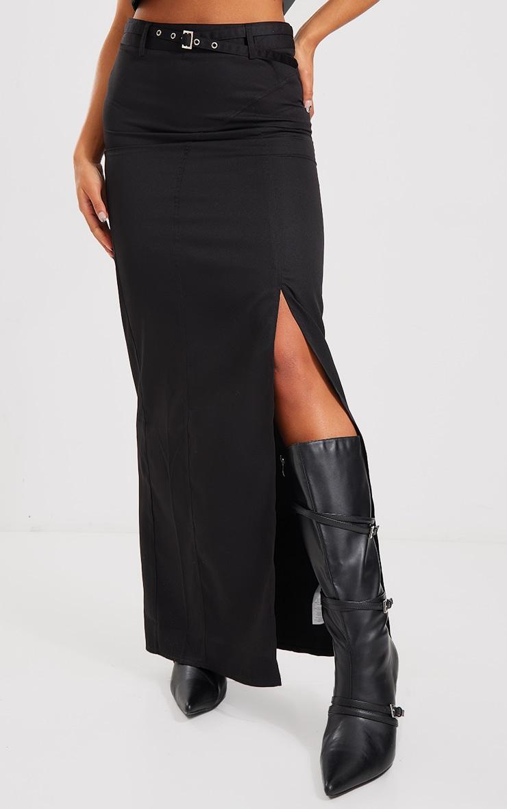 Black Tailored Woven Belted Maxi Skirt Product Image