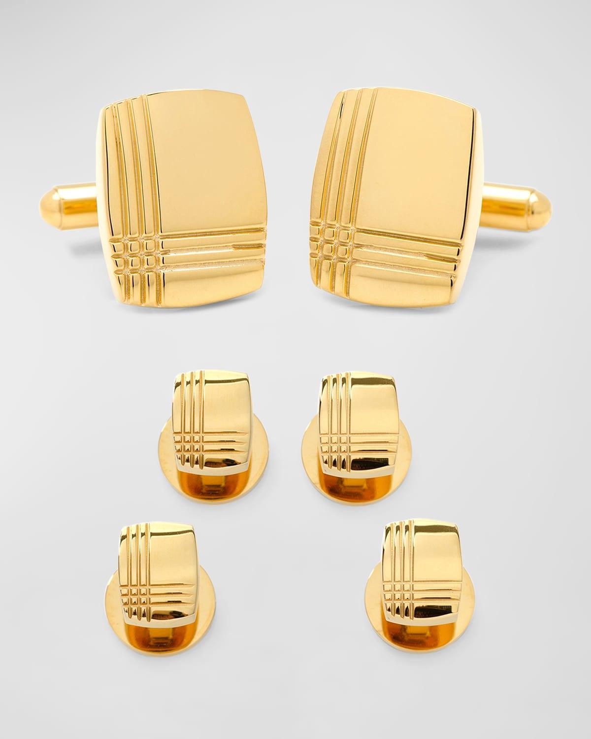 Mens Gold-Tone Stainless Steel Tartan Cufflink Stud Set Product Image