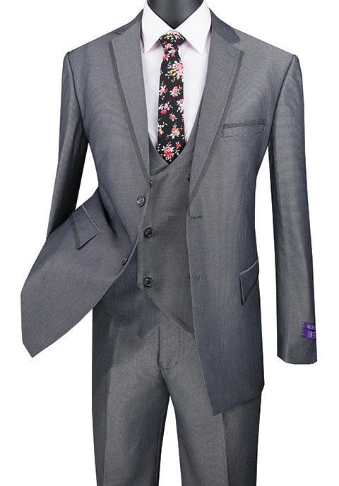 Birdseye Pattern Modern Fit 3 Piece Charcoal Suit with Contrast Trim Product Image