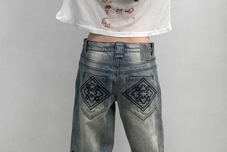 Mid Waist Print Washed Bootcut Jeans Product Image